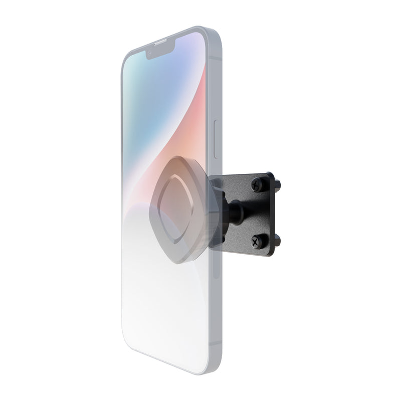 A transparent smartphone is attached to the Arkon Mounts Magnetic Holder with Adhesive Drill Base Mount, which has a black square base secured by four screws and features a 4-hole AMPS adapter, viewed from an angle.