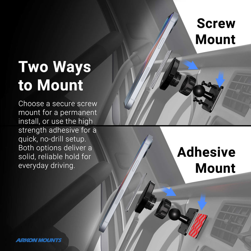 There are two ways to install the Arkon Mounts Magnetic Holder with Adhesive Drill Base Mount in your car: use the screw mount (top) or the adhesive mount (bottom). Both methods provide secure attachment for everyday driving, and the included 4-hole AMPS adapter ensures compatibility with most car mounts or magnetic holders.