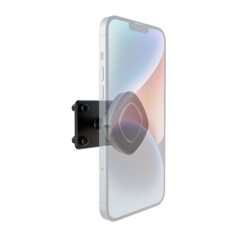 The Arkon Mounts Magnetic Holder with Adhesive Drill Base Mount securely attaches to the back of a smartphone, featuring a minimalist black bracket with screws and a central magnetic pad to keep the phone upright. This sleek design includes a 4-hole AMPS adapter, allowing it to function as both a secure car mount and versatile hands-free Magnetic Holder.