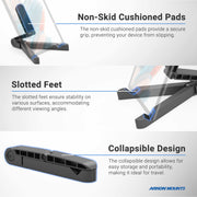 The Arkon Mounts Portable Tablet & Phone Stand has non-skid pads, slotted feet for stability on any surface, and a collapsible design for easy portability and storage.