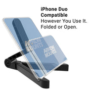 The Portable Tablet & Phone Stand by Arkon Mounts holds your device folded or open. Text reads: iPhone Duo Compatible. However You Use It. The stand is labeled Arkon Mounts.