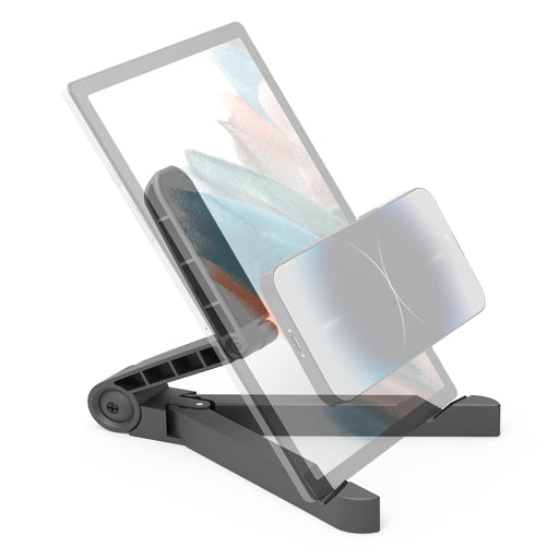 The Arkon Mounts Portable Tablet & Phone Stand holds a tablet and phone at various angles, highlighting its multi-angle and foldable design with both devices appearing semi-transparent.