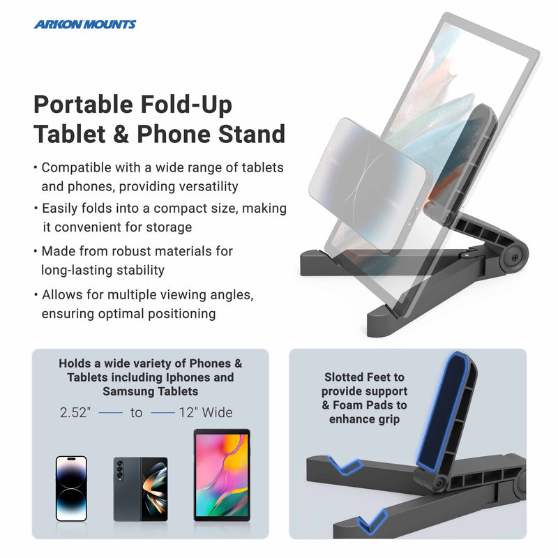 The Arkon Mounts Portable Tablet & Phone Stand holds your device securely; images show its features and compatibility, with a diagram highlighting slotted feet and foam pads for stability and protection.