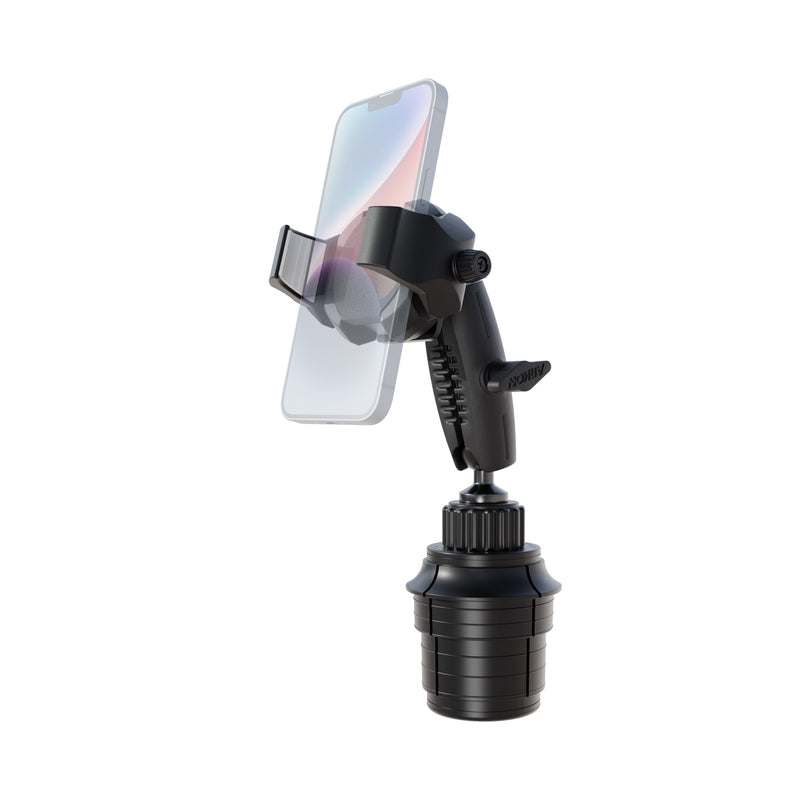 A Phone Cup Holder Mount with RoadVise® Ultra Holder - 25mm, shown in black and securely holding a smartphone against a white background—perfect for hands-free calling on the road.