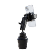 A Phone Cup Holder Mount with RoadVise® Ultra Holder - 25mm, featuring a black adjustable design for secure, hands-free smartphone use in your car, displayed isolated on a white background.