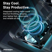 A vibrant blue-lit fan glows from the Arkon Mounts Heavy-Duty Laptop Holder with Optional Cooling Fan. Text reads: Stay Cool. Stay Productive. This integrated holder and cooling fan combo by Arkon Mounts helps prevent thermal throttling—keeping your laptop fast, responsive, and reliable all day long.