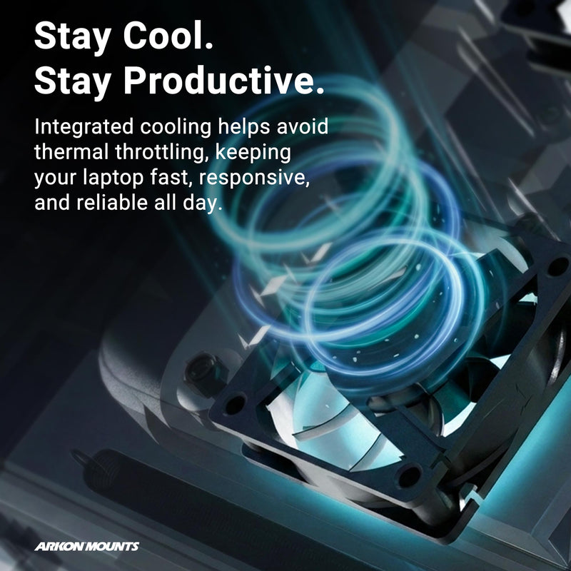 A vibrant blue-lit fan glows from the Arkon Mounts Heavy-Duty Laptop Holder with Optional Cooling Fan. Text reads: Stay Cool. Stay Productive. This integrated holder and cooling fan combo by Arkon Mounts helps prevent thermal throttling—keeping your laptop fast, responsive, and reliable all day long.