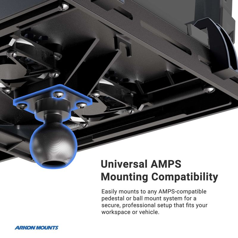 Close-up of an Arkon Mounts Heavy-Duty Laptop Holder with Optional Cooling Fan, featuring a black ball mount attached to a metal plate that demonstrates universal AMPS mounting compatibility for versatile installations.