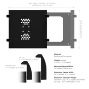 The Arkon Mounts Heavy-Duty Laptop Holder with Optional Cooling Fan features a black reinforced composite construction with mounting holes and ventilation slots. Detailed size measurements, leg types, and key dimensions for minimum and maximum device widths are provided. Keyboard heights for both standard and XL legs are included, making this laptop holder an excellent choice for demanding industrial environments.