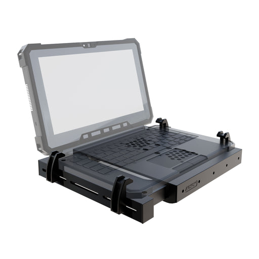 An Arkon Mounts Heavy-Duty Laptop Holder with Optional Cooling Fan securely fastens a rugged laptop with sturdy clamps, shown on a white background. This industrial mount supports and stabilizes the laptop for demanding field or industrial applications.