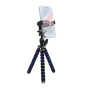 The 11 Adjustable Tripod Mount with Phone Holder features black and blue striped flexible legs and adjustable grips, offering stable and versatile mounting—perfect for content creators.