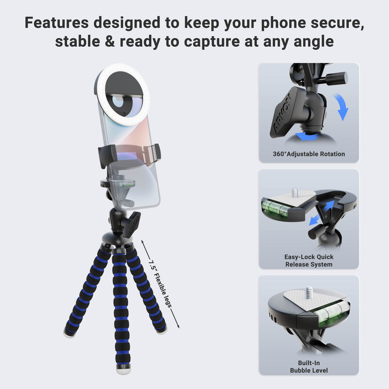 The Phone Tripod Mount and LED Ring Light Bundle features flexible tripod legs, a phone holder, 360° rotation, easy-lock release, and a built-in bubble level—ideal for stable, adjustable content creation setups.