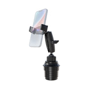 Introducing the Phone Cup Holder Mount with Mobile Grip 5 Holder - 25mm: a black adjustable cup holder mount featuring a clamp design that securely holds your smartphone in an upright position. Its base fits neatly into your car’s cup holder, offering a stable and hands-free phone holder solution for safe and convenient driving.