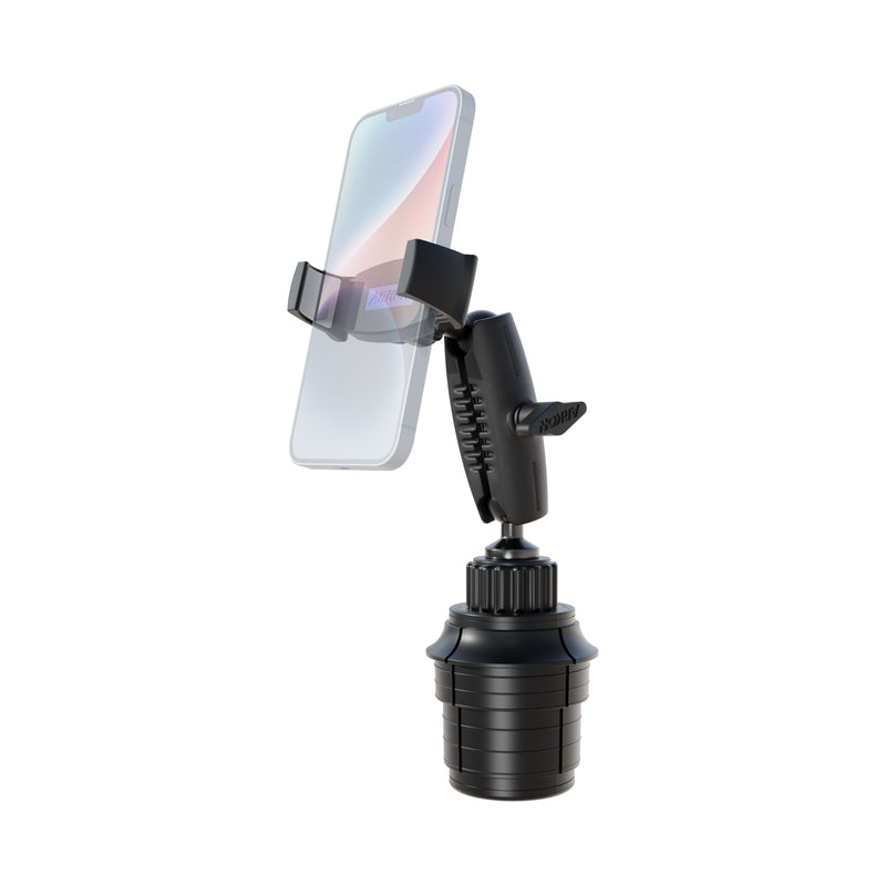Introducing the Phone Cup Holder Mount with Mobile Grip 5 Holder - 25mm: a black adjustable cup holder mount featuring a clamp design that securely holds your smartphone in an upright position. Its base fits neatly into your car’s cup holder, offering a stable and hands-free phone holder solution for safe and convenient driving.