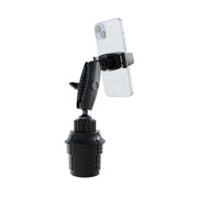The Phone Cup Holder Mount with Mobile Grip 5 Holder - 25mm, shown in black against a white background, securely holds a smartphone in portrait orientation using its adjustable arm and clamp. This convenient accessory allows for hands-free phone use while driving.