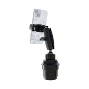 The Phone Cup Holder Mount with Mobile Grip 5 Holder - 25mm securely holds a smartphone with a light case using its black adjustable design. This hands-free phone holder features a firm grip and an extendable arm, making it suitable for most vehicle cup holders.