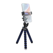 The Mobile Grip 5 Tripod Phone Mount for iPhone, Galaxy, and Note features black and blue striped flexible legs, holding your smartphone upright against a white background—an ideal accessory for content creators.