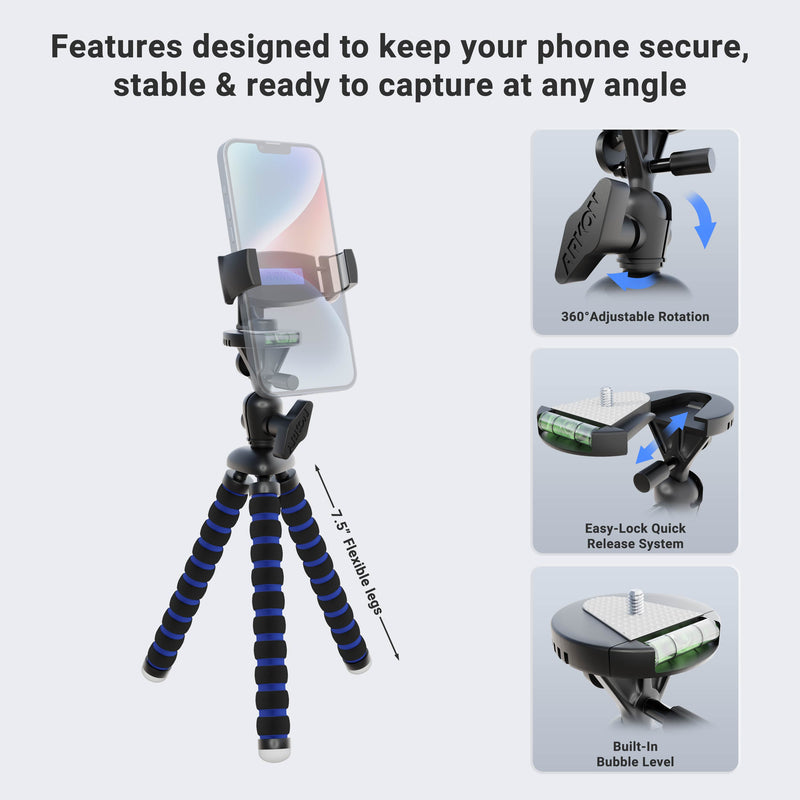 The Mobile Grip 5 Tripod Phone Mount for iPhone, Galaxy, and Note offers 360° adjustable rotation, easy-lock quick release, and a built-in bubble level to keep your phone secure and stable—ideal for content creators capturing any angle.