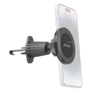 The Magnetic Phone Holder with Vent Mount - MagSafe Compatible secures your smartphone to a car air vent using a firm grip and rotating ball joint, providing easy access and stability while driving. Shown side view on a white background.