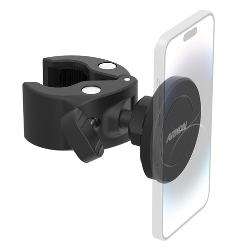 The Magnetic Phone Holder with Clamp Mount - MagSafe Compatible secures a smartphone in a clear case to handlebars or similar surfaces using a black clamp and strong magnetic attachment.