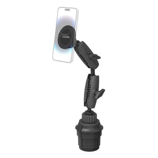 The Arkon Mounts Robust® Dual Shaft Cup Holder Mount with Magnetic Phone Holder (25mm, MagSafe Compatible) features a black adjustable design with a dual 25mm shaft arm and a magnetic phone holder attachment, fitting securely in your vehicle’s cup holder. A smartphone is shown mounted to the holder.