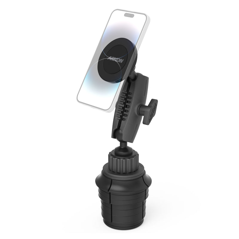 The Phone Cup Holder Mount with Magnetic Holder - MagSafe Compatible - 25mm securely holds your smartphone in a vertical position with a strong circular magnetic attachment, making it the perfect MagSafe-compatible magnetic phone holder for your daily drive.