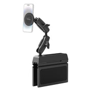 A black Magnetic Holder with Seat Wedge Mount and Dual Shaft Arm—MagSafe compatible—is shown in use, securely mounting a smartphone to a car dashboard via its seat wedge design. The holder features multiple joints and knobs for flexible positioning, enabling hands-free iPhone use.