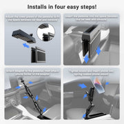 Install the Magnetic Holder with Seat Wedge Mount and Dual Shaft Arm – MagSafe Compatible in four steps: adjust the pedestal plates, insert the seat wedge mount securely between your car’s seat and console, attach the adapter and magnetic phone holder (compatible with MagSafe), tighten all adjustment knobs, and place your iPhone into the holder. Blue arrows guide you through each step to ensure a secure, hands-free setup for your device.