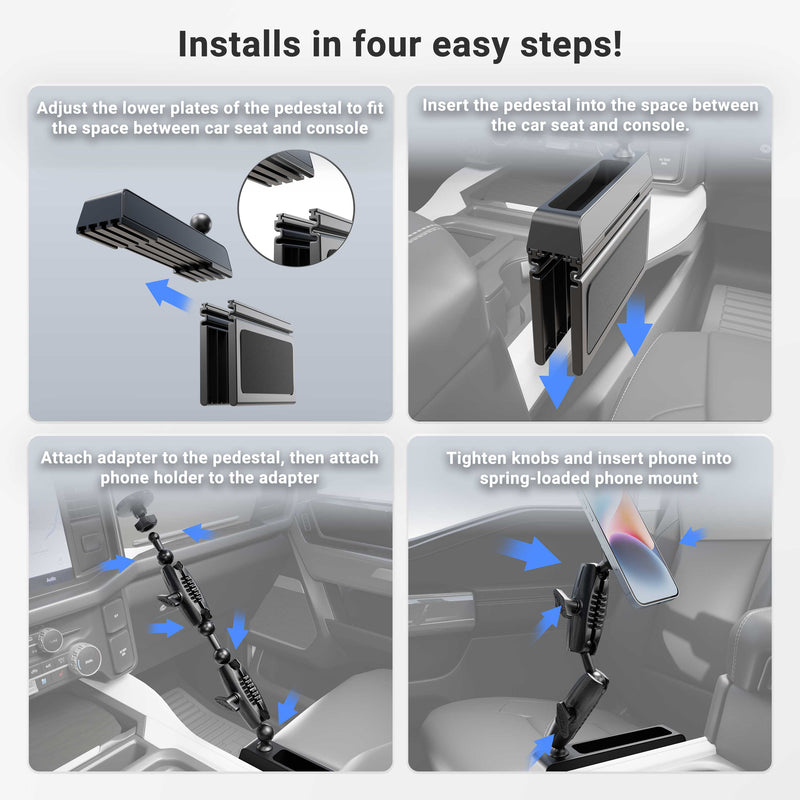 Install the Magnetic Holder with Seat Wedge Mount and Dual Shaft Arm – MagSafe Compatible in four steps: adjust the pedestal plates, insert the seat wedge mount securely between your car’s seat and console, attach the adapter and magnetic phone holder (compatible with MagSafe), tighten all adjustment knobs, and place your iPhone into the holder. Blue arrows guide you through each step to ensure a secure, hands-free setup for your device.