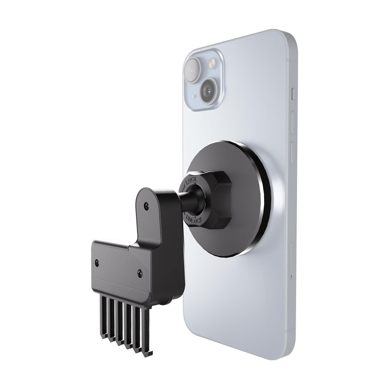 Magnetic Vent Phone Mount for Tesla Model 3 2017–2022 & Model Y 2020–2023 with a vent-clip arm attached to the back of a smartphone.