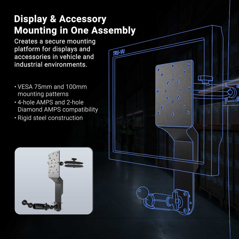 Diagram of the Arkon Mounts Dual Utility Mounting Bracket with VESA 75/100 & AMPS Compatibility, illustrating versatile mounting options for vehicles and industrial environments. Includes callouts for VESA 75/100 and AMPS compatible patterns, as well as heavy-duty steel bracket construction.