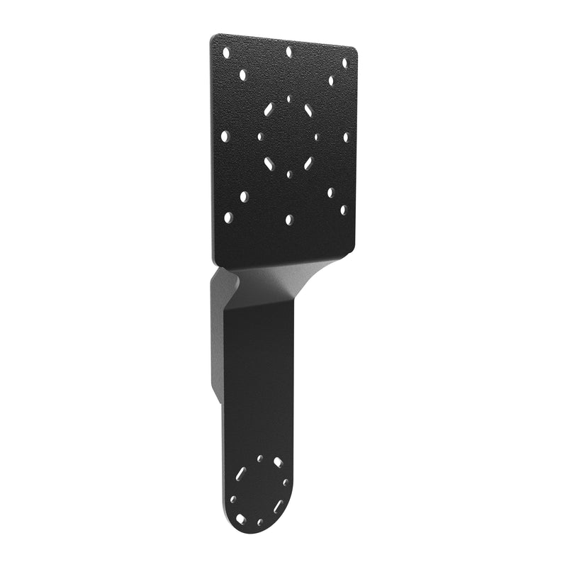 The Arkon Mounts Dual Utility Mounting Bracket features a black metal construction with multiple holes on its square top plate and rounded bottom section, designed for adjustable attachment. This heavy-duty bracket offers both VESA 75/100 and AMPS compatibility, providing versatile installation options.