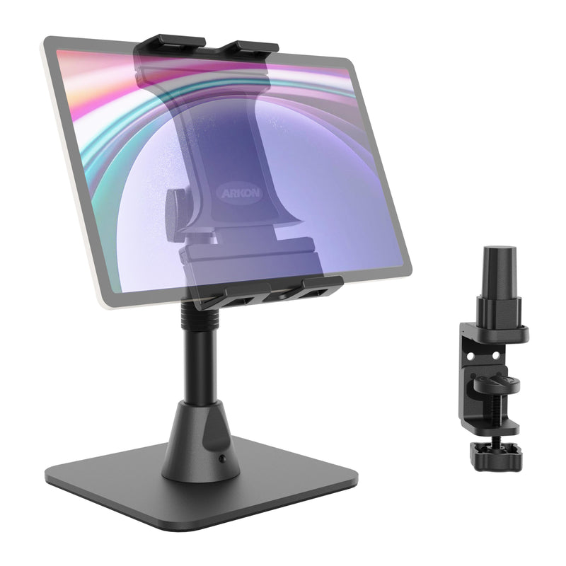 The Slim-Grip® Ultra Pro POS Tablet Stand, shown in black, holds a tablet in landscape mode. Next to it is a separate clamp attachment. Both items are displayed against a white background.