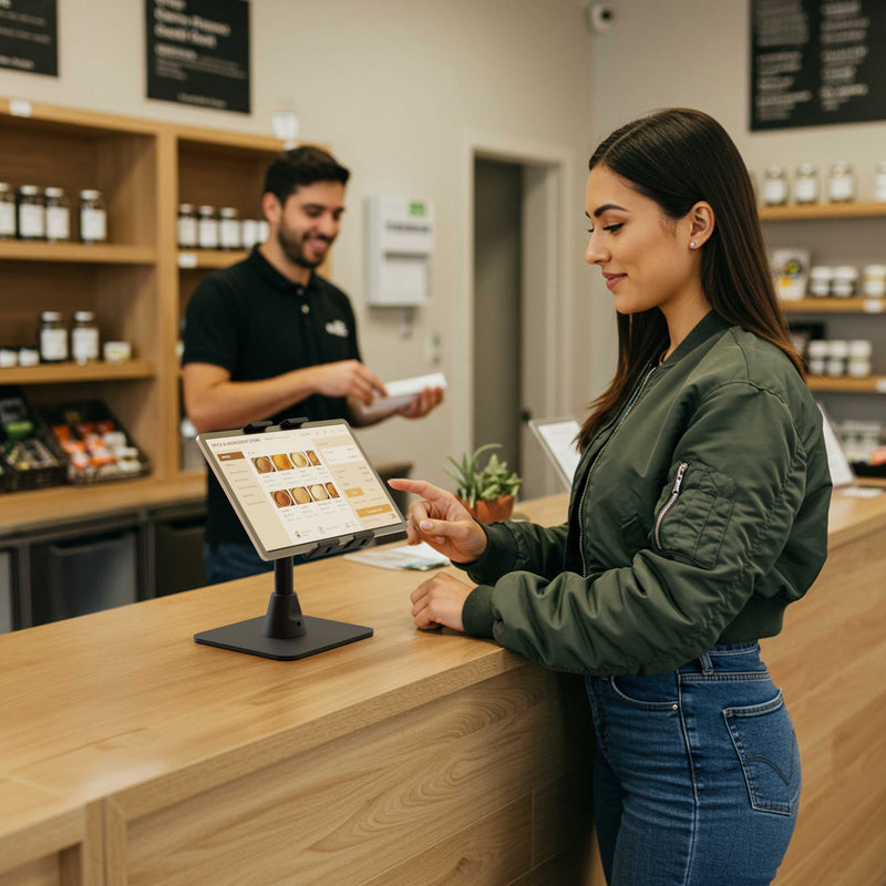 A woman uses a touchscreen ordering system on a Slim-Grip® Ultra Pro POS Tablet Stand at the counter, while a smiling employee stands behind the register in a modern shop with shelves of products.