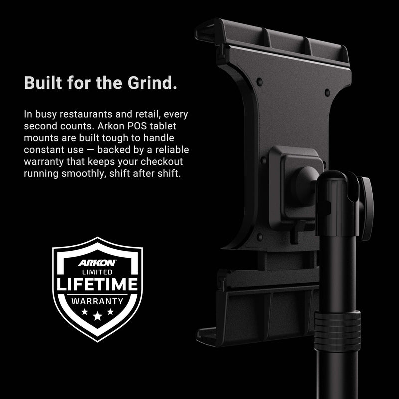 The Slim-Grip® Ultra Pro POS Tablet Stand, expertly designed as a black Retail and Restaurant Tablet Holder, features a shield icon labeled Lifetime Warranty, with text highlighting its outstanding durability and warranty for busy restaurant and retail environments.