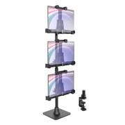LockVise™ POS Locking Tablet Mount with Triple Tablet Holders features vertically stacked, adjustable mounts that securely clamp to your desk; each screen showcases a gradient design overlaid with a subtle cityscape.