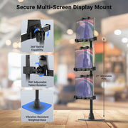 Diagram depicting the LockVise™ POS Locking Tablet Mount with Triple Tablet Holders in a vertical configuration, showcasing three screens. Features close-up views of its 360° swivel and tablet rotation capability, a 29-inch adjustable pole, and a vibration-resistant weighted base. Ideal as a triple iPad POS mount or for securing tablets with the included locking holders—displayed against a blurred cafe backdrop.