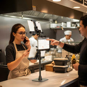 A woman takes an order on the phone at a restaurant counter, where a LockVise™ POS Locking Tablet Mount with Triple Tablet Holders securely organizes devices for efficient service, while a customer uses a touchscreen ordering kiosk. Chefs work in the kitchen in the background.