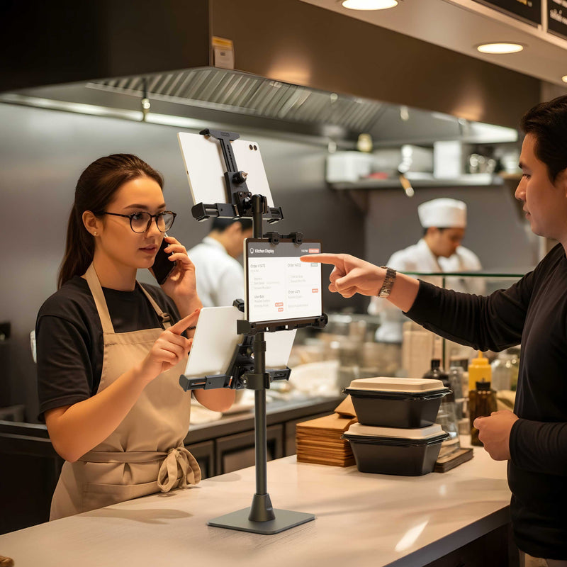 A woman takes an order on the phone at a restaurant counter, where a LockVise™ POS Locking Tablet Mount with Triple Tablet Holders securely organizes devices for efficient service, while a customer uses a touchscreen ordering kiosk. Chefs work in the kitchen in the background.