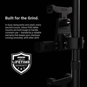 Close-up of the LockVise™ POS Locking Tablet Mount with Triple Tablet Holders attached to a vertical pole, highlighting its durability with a lifetime warranty badge. Featuring secure locking tablet holders, this stand is engineered for maximum reliability in demanding restaurant and retail checkout environments.