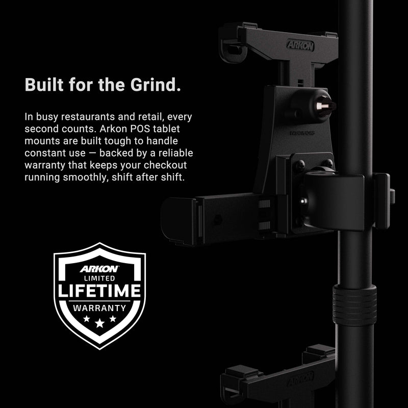Close-up of the LockVise™ POS Locking Tablet Mount with Triple Tablet Holders attached to a vertical pole, highlighting its durability with a lifetime warranty badge. Featuring secure locking tablet holders, this stand is engineered for maximum reliability in demanding restaurant and retail checkout environments.