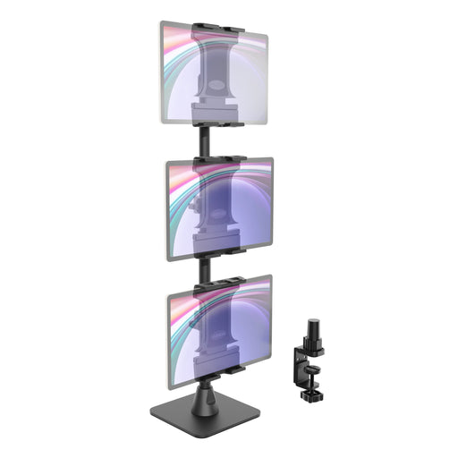 The Slim-Grip® Ultra Pro POS Tablet Mount with Triple Holders features adjustable arms to securely support three tablets in a vertical, stacked layout—making it the ultimate Triple Tablet POS Stand for efficient point-of-sale configurations. The included clamp attachment ensures secure mounting in busy retail and restaurant settings.