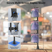 The Slim-Grip® Ultra Pro POS Tablet Mount with Triple Holders is displayed with three attached tablets on a wooden surface. This versatile mount features a 360° swivel, fully adjustable 360° rotation, a 29-inch adjustable pole, and a weighted base—making it the perfect choice as a Restaurant Tablet Mount or Retail POS system for efficient checkouts and seamless service.