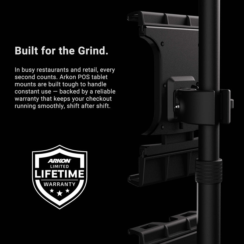 A black Slim-Grip® Ultra Pro POS Tablet Mount with Triple Holders is securely attached to a pole, highlighting its exceptional durability and backed by a limited lifetime warranty. An eye-catching white badge displays “Arkon Limited Lifetime Warranty.” Purpose-built for bustling restaurants and retail environments, this mount is the ideal complement to any Retail POS system setup.