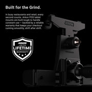Close-up of the LockVise™ POS Locking Tablet Holder with 12” Gooseneck Clamp Mount, featuring text that highlights its durability for busy restaurants and retail, plus a badge displaying Arkon’s limited lifetime warranty.
