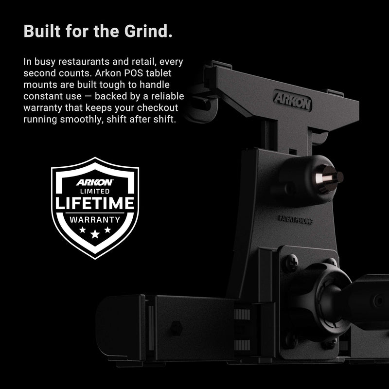 Close-up of the LockVise™ POS Locking Tablet Holder with 12” Gooseneck Clamp Mount, featuring text that highlights its durability for busy restaurants and retail, plus a badge displaying Arkon’s limited lifetime warranty.