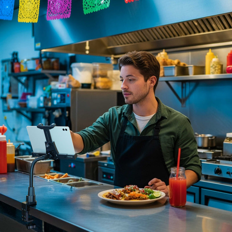 A man in a kitchen wears an apron and uses the LockVise™ POS Locking Tablet Holder with 12” Gooseneck Clamp Mount, which is attached to the counter as he prepares food. Nearby, there is a plate and a glass of juice, while colorful paper decorations hang above, adding a festive touch.