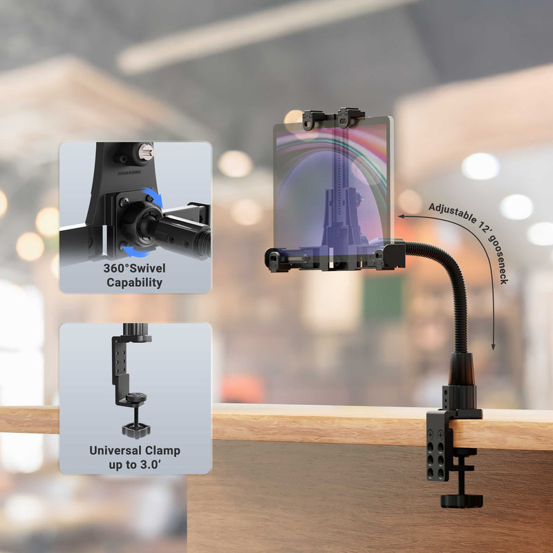 The LockVise™ POS Locking Tablet Holder with 12” Gooseneck Clamp Mount features an adjustable clamp mount and a flexible arm that securely holds a tablet above your desk, functioning as a locking POS tablet mount. Insets highlight its 360° swivel capability and universal tabletop clamp, all set against a softly blurred indoor background.