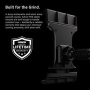 Introducing the Slim-Grip® Ultra Pro POS Tablet Mount with 12” Gooseneck Clamp, a black tablet mount featuring the Arkon Limited Lifetime Warranty badge. Engineered for durability and reliability, this adjustable tablet holder is ideal for busy restaurants and retail environments, capable of withstanding constant use as a dependable POS tablet mount or retail tablet stand to support smooth daily operations.