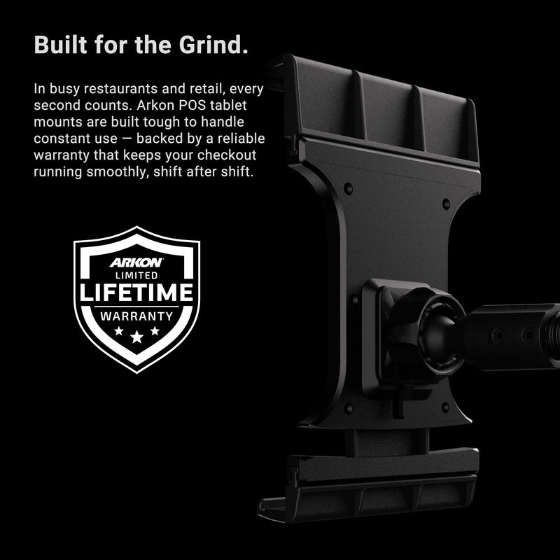 Introducing the Slim-Grip® Ultra Pro POS Tablet Mount with 12” Gooseneck Clamp, a black tablet mount featuring the Arkon Limited Lifetime Warranty badge. Engineered for durability and reliability, this adjustable tablet holder is ideal for busy restaurants and retail environments, capable of withstanding constant use as a dependable POS tablet mount or retail tablet stand to support smooth daily operations.